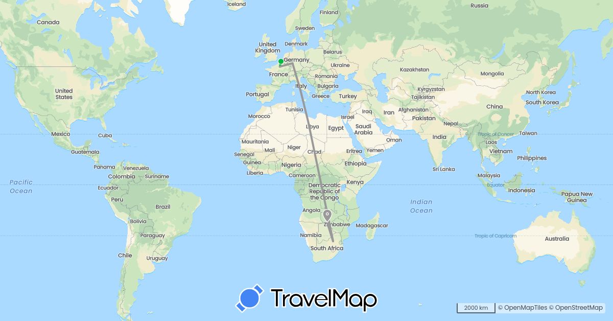 TravelMap itinerary: driving, bus, plane in Botswana, Germany, France, South Africa (Africa, Europe)